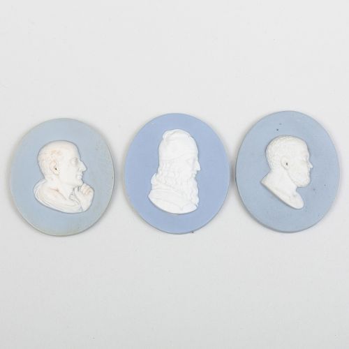 Group of Three Wedgwood & Bentley Blue and White Oval Portrait Medallions of Philosophers