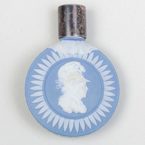 Wedgwood Blue and White Jasperware Circular Scent Bottle, Stopper and Cap