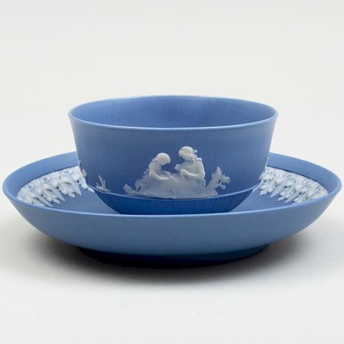 Wedgwood Blue and White Jasperware Teabowl and Saucer