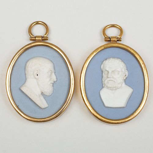 Two Wedgwood & Bentley Blue and White Jasperware Portrait Medallions of Xenocrates or Thales