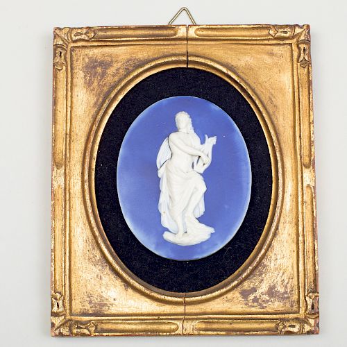 Wedgwood & Bentley Blue and White Jasperware Portrait Medallion of Apollo