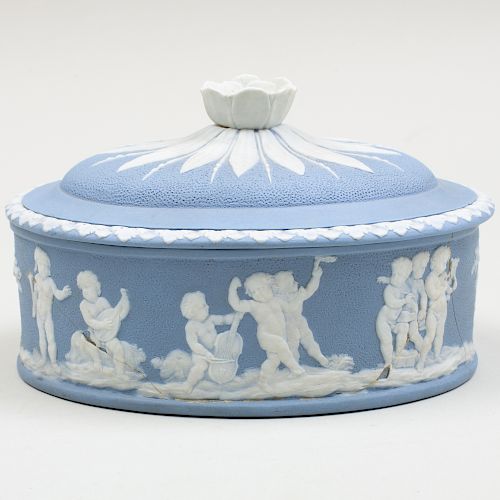 Wedgwood Blue and White Jasperware Oval Paint Box and Cover
