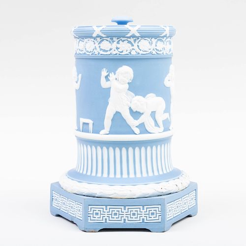 Wedgwood Blue and White Jasper Dip Cylindrical Vase and Cover