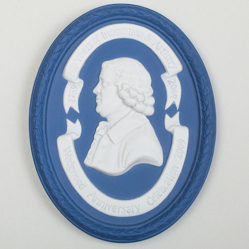 Wedgwood Blue and White Jasperware Commemorative Oval Portrait Medallion of Josiah Wedgwood