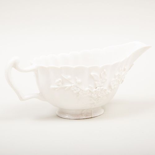 Bow White Glazed Porcelain Sauceboat with Applied Prunus Decoration
