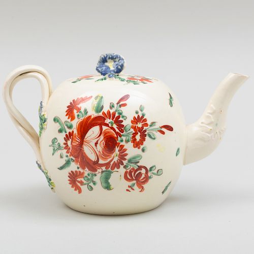 English Painted Creamware Teapot and Cover, Probably Leeds
