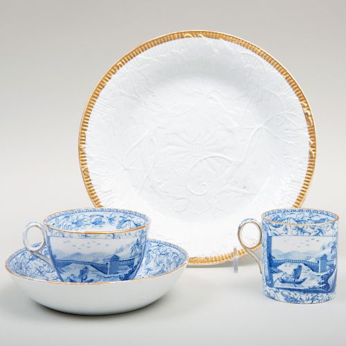 Wedgwood Blue Transfer Printed Porcelain Trio and a Grapeleaf Molded Porcelain Plate