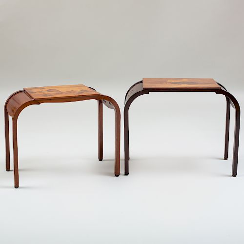 Two Gallé Walnut and Fruitwood Marquetry Top Tables