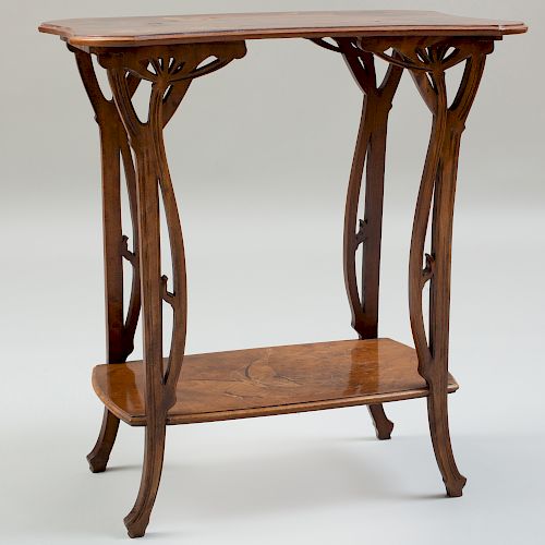 Art Nouveau Rosewood and Fruitwood Marquetry Concave Sided Two-Tiered Table