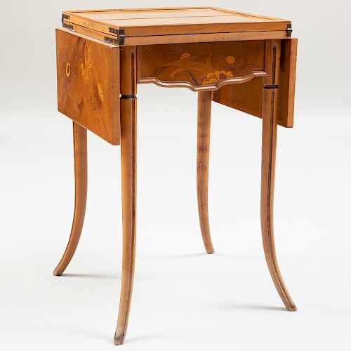 Art Nouveau Walnut and Fruitwood Marquetry Double Drop Leaf Table