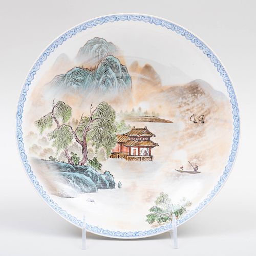 Chinese Famille Rose Eggshell Porcelain Shallow Bowl with a River Landscape