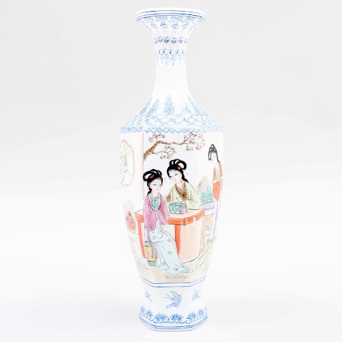Chinese Eggshell Porcelain Hexagonal Vase with Beauties in Pursuits