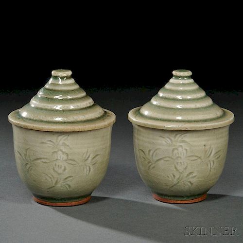 Pair of Celadon Cups with Covers