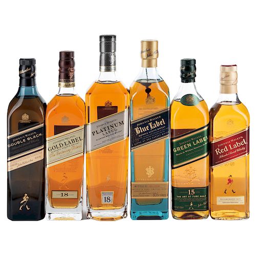 Jhonnie Walker. Blue, Platinum, Gold, Green, Double Black y Red label. Blended. Scotch Whisky. Piezas: 6.