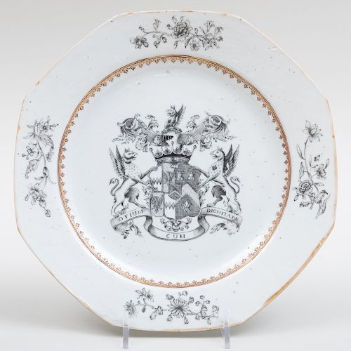 Chinese Export Porcelain Octagonal Plate Decorated with the Arms of Montague Quartering Mouthermer