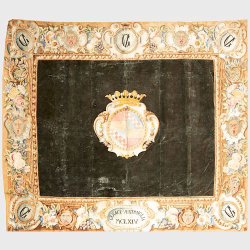 Continental Silk and Velvet Armorial Tapestry