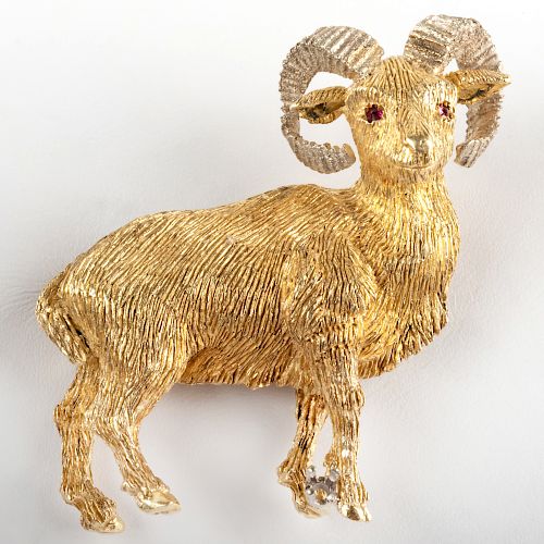 18K Yellow and White Gold Ram Brooch