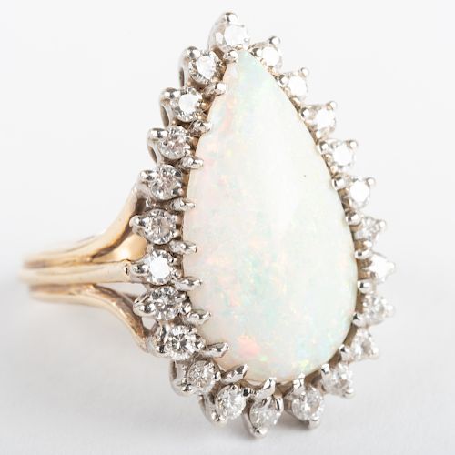 14k Yellow and White Gold, Diamond and Opal Ring