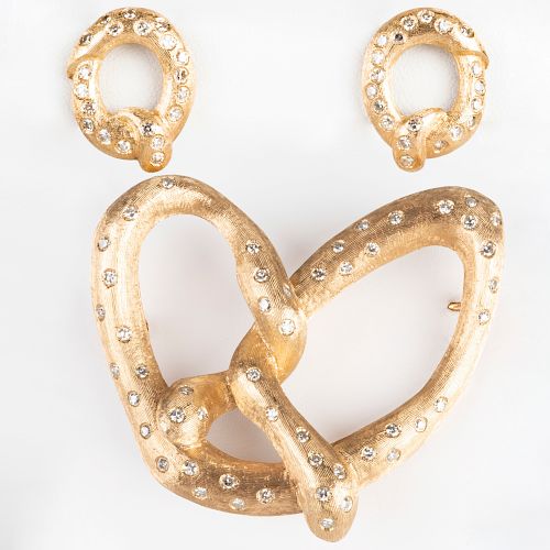 14k Gold and Diamond Pretzel Form Pin and Pair of Similar Earclips