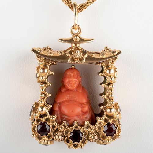 Italian 18k Gold, Coral and Garnet Buddha Pendant/Charm