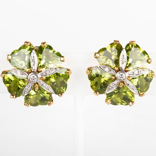 Pair of 18k Gold, Peridot and Diamond Earclips