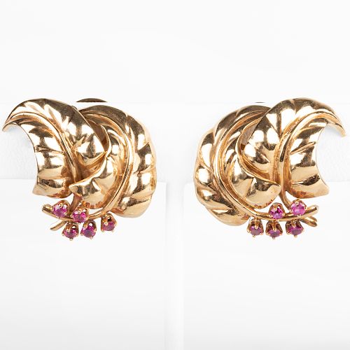 14k Gold and Ruby Leaf Form Earclips