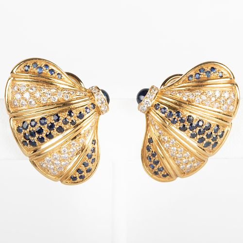 Pair of 18k Gold, Sapphire and Diamond Earclips