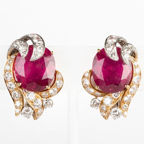 Pair of 18k Yellow and White Gold, Rubelite and Diamond Earclips