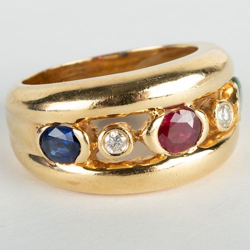 18k Gold Colored Stone and Diamond Band Ring