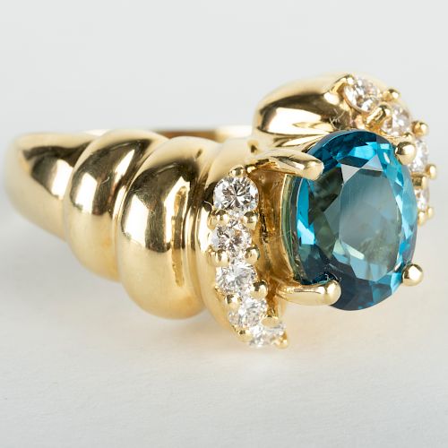 18k Gold, Blue Topaz and Diamond Ring