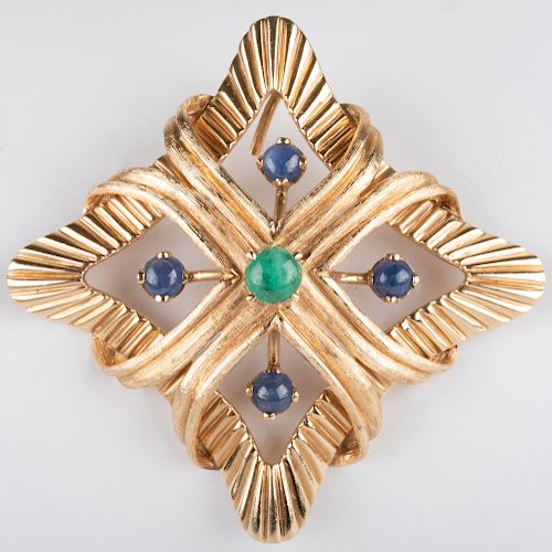 14K Gold, Emerald and Sapphire Pendant/Brooch