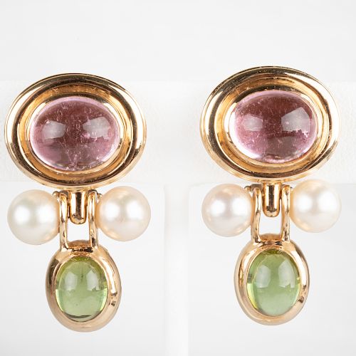 Pair of 14K Yellow Gold, Pink and Green Tourmaline and Pearl Ear Clips