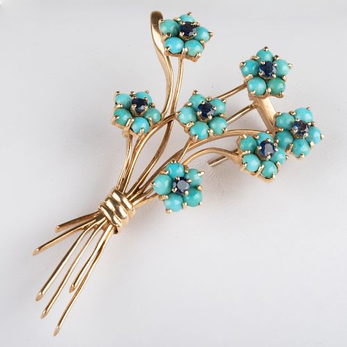 Retro 14k Gold, Turquoise and Sapphire Flower Pin