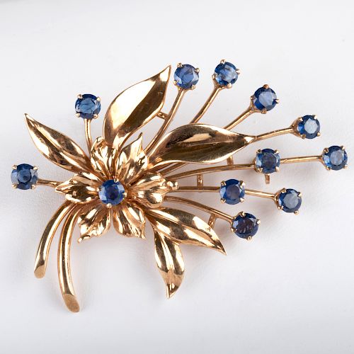 Tiffany & Co. Retro 14K Gold and Sapphire Floral Pin