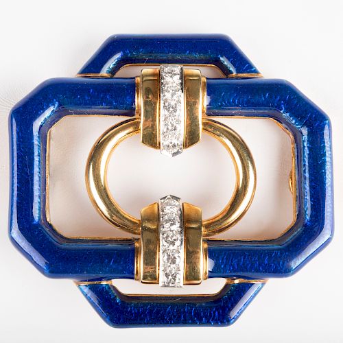 David Webb 18k Gold, Platinum, Diamond and Blue Enamel Pendant/Brooch