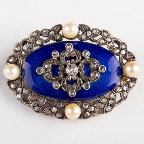 Silver, Gold, Enamel, Seed Pearl and Diamond Brooch