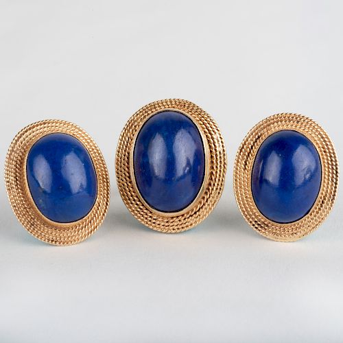 Pair of 14k Gold and Lapis Lazuli Dome Earrings and a Matching Ring
