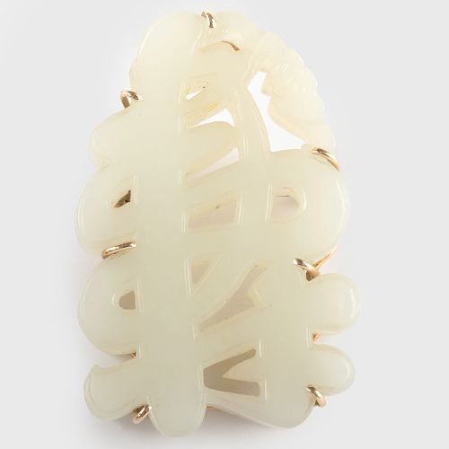 Carved White Jade and 14k Gold Brooch