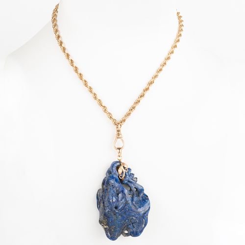 Chinese Style Carved Lapis Lazuli Pendant on a 14k Gold Rope Chain