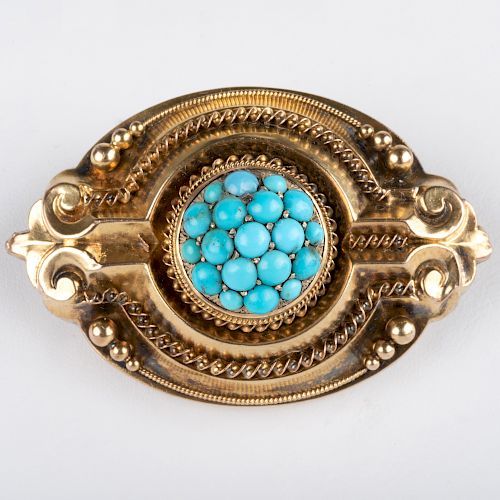 Victorian Gold and Turquoise Mourning Brooch 