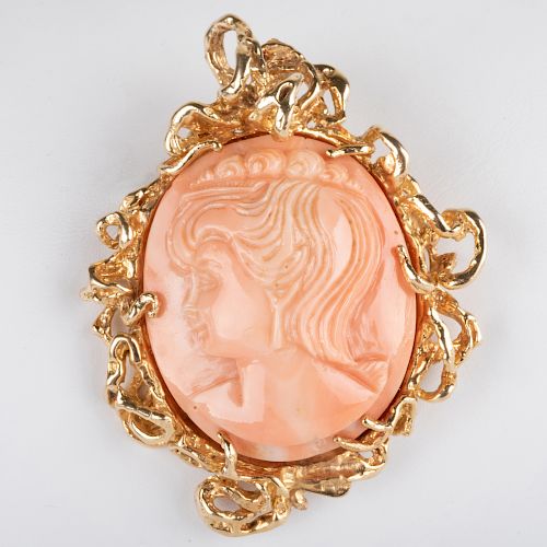 14k Gold and Carved Coral Cameo Pendant/Brooch