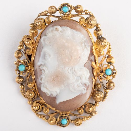Neoclassical Carved Agate Cameo of Zeus-Ammun, Set in a Gold Pin Frame with Turquoise
