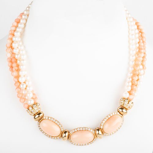 14K Yellow Gold, Pearl and Coral Bead and Diamond Necklace