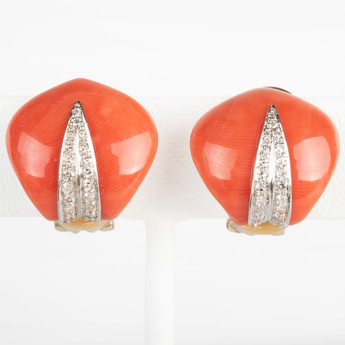 Pair of 18k Gold, Coral and Diamond Earclips