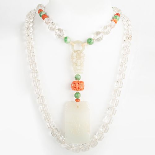 Two Art Deco Crystal and Carved Jade Necklaces