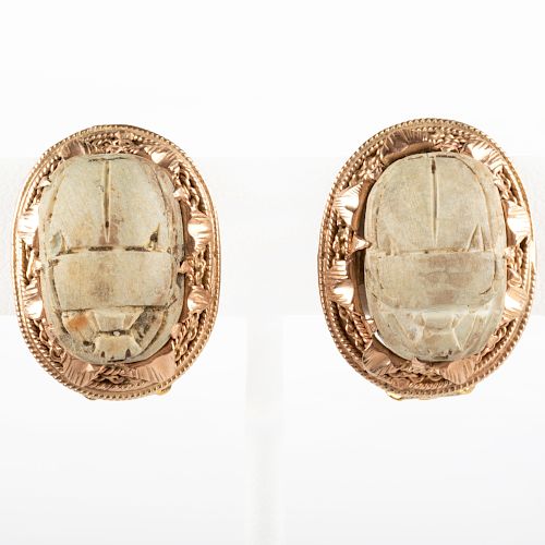 Pair of 14k Gold and Steatite Scarab Earclips
