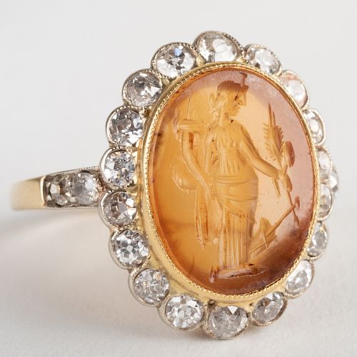 Carnelian Agate Intaglio of Fortuna, Set in a Gold and Diamond Ring