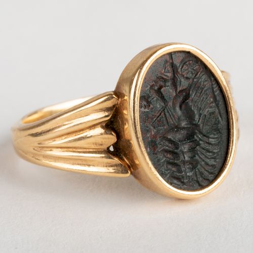 Black Agate Intaglio of Nike in Her Chariot, Set in a Gold Ring