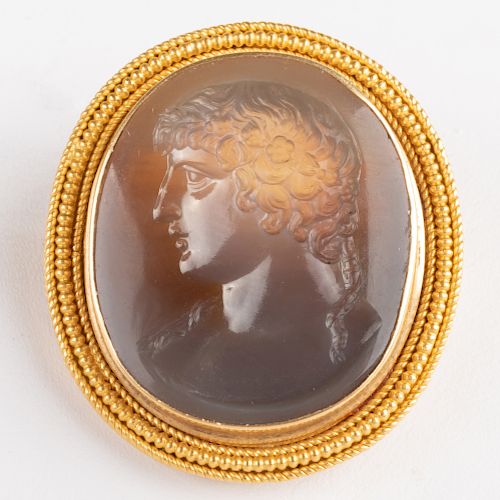 Neoclassical Agate Intaglio of Antinuous, Set in a Gold Pin