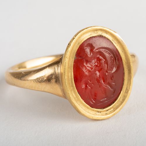 Carnelian Agate Intaglio of a Warrior and His Armor, Set in a Gold Ring